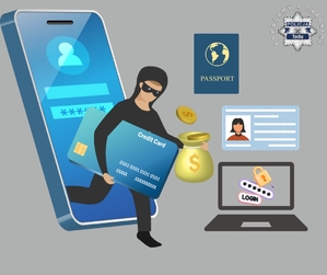 Grafika przedstawiająca człowieka wychodzącego z komputera z workiem pieniędzy. Obok grafiki przedstawiające paszport, dokument oraz laptop z danymi do logowania.
